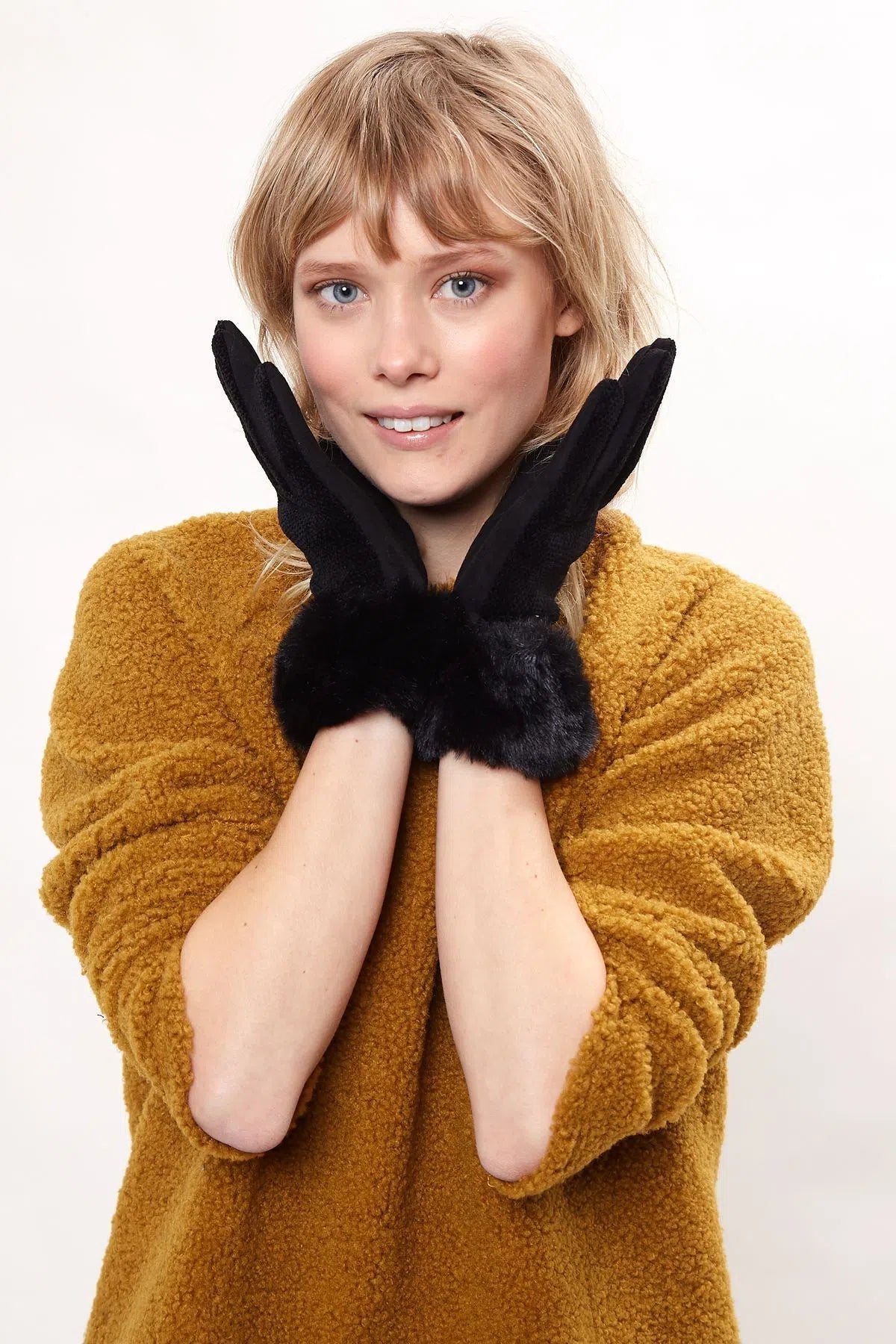 Louche Emer Faux Suede And Fur Cuffed Touch Screen Gloves - Black gloves Black Black