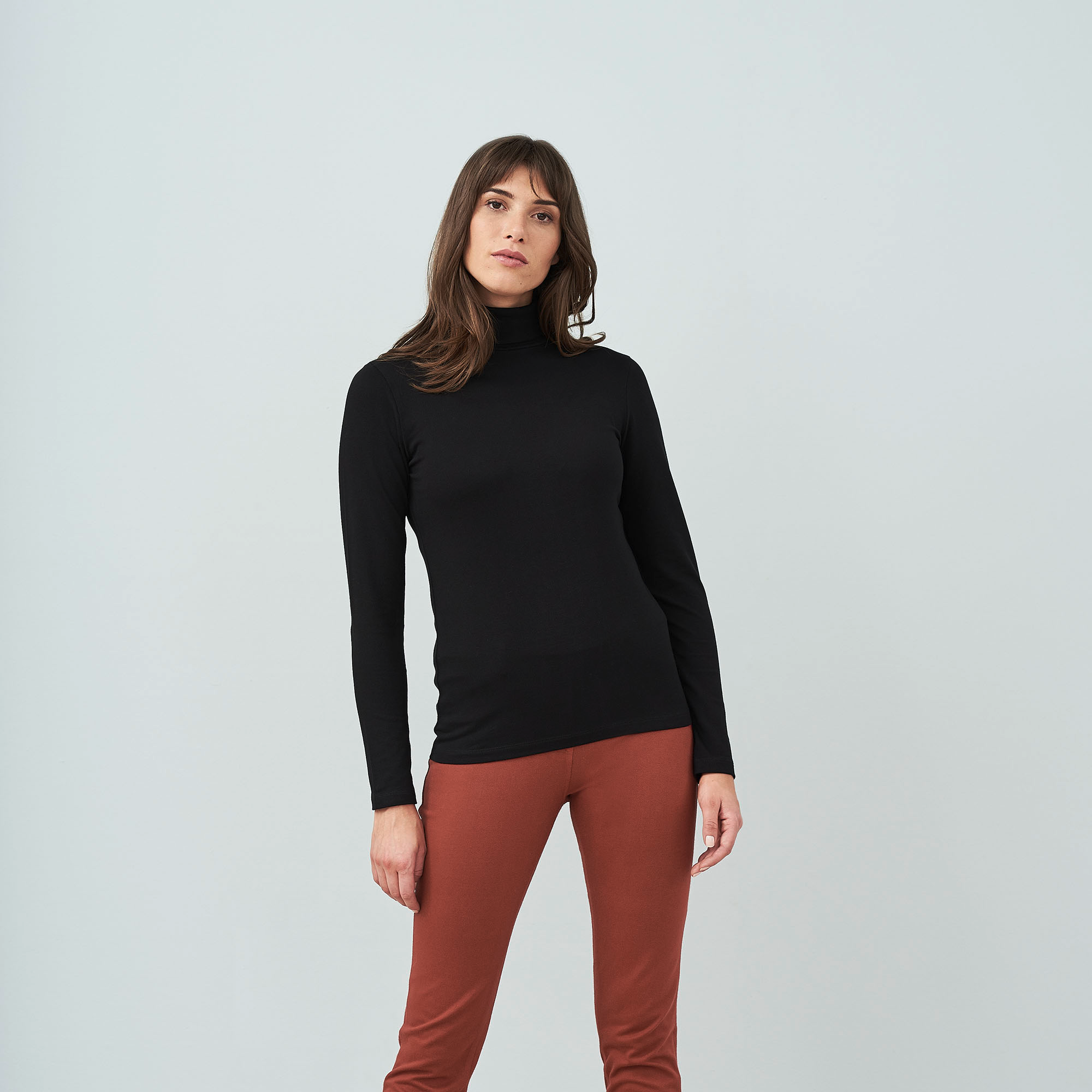 Organic Long Sleeve Stretch Turtleneck T-shirt: Womens Clearance XS Black XS / Black S / Black L / Black XL / Black XS / Heather Grey S / Heather Grey M / Heather Grey L / Heather Grey XL / Heather Grey