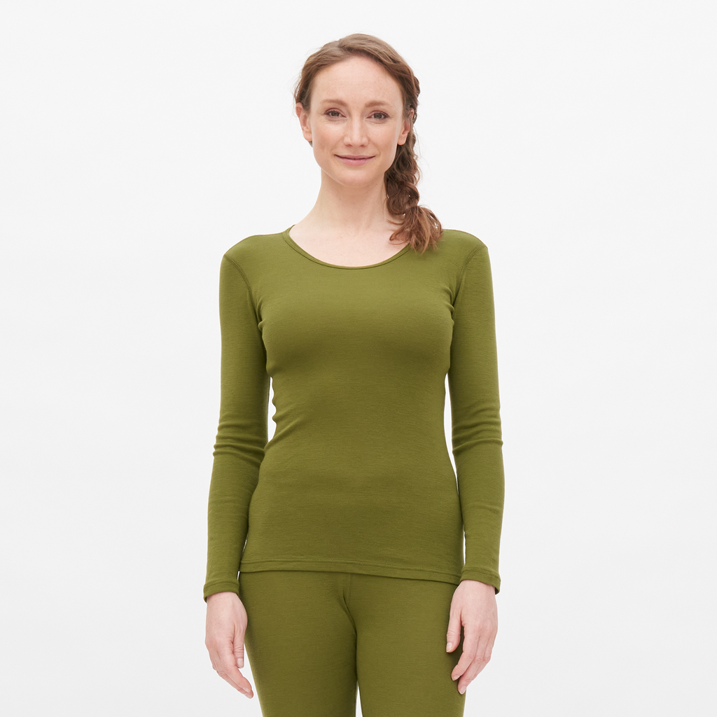 Wool & Organic Cotton Long Sleeve T-shirt: Womens XS Avocado XS / Avocado XS / Mid Blue XS / Potters Clay XS / Purple S / Avocado S / Mid Blue S / Potters Clay S / Purple M / Avocado M / Mid Blue M / Potters Clay M / Purple L / Avocado L / Mid Blue L / Potters Clay L / Purple XL / Avocado XL / Mid Blue XL / Potters Clay XL / Purple