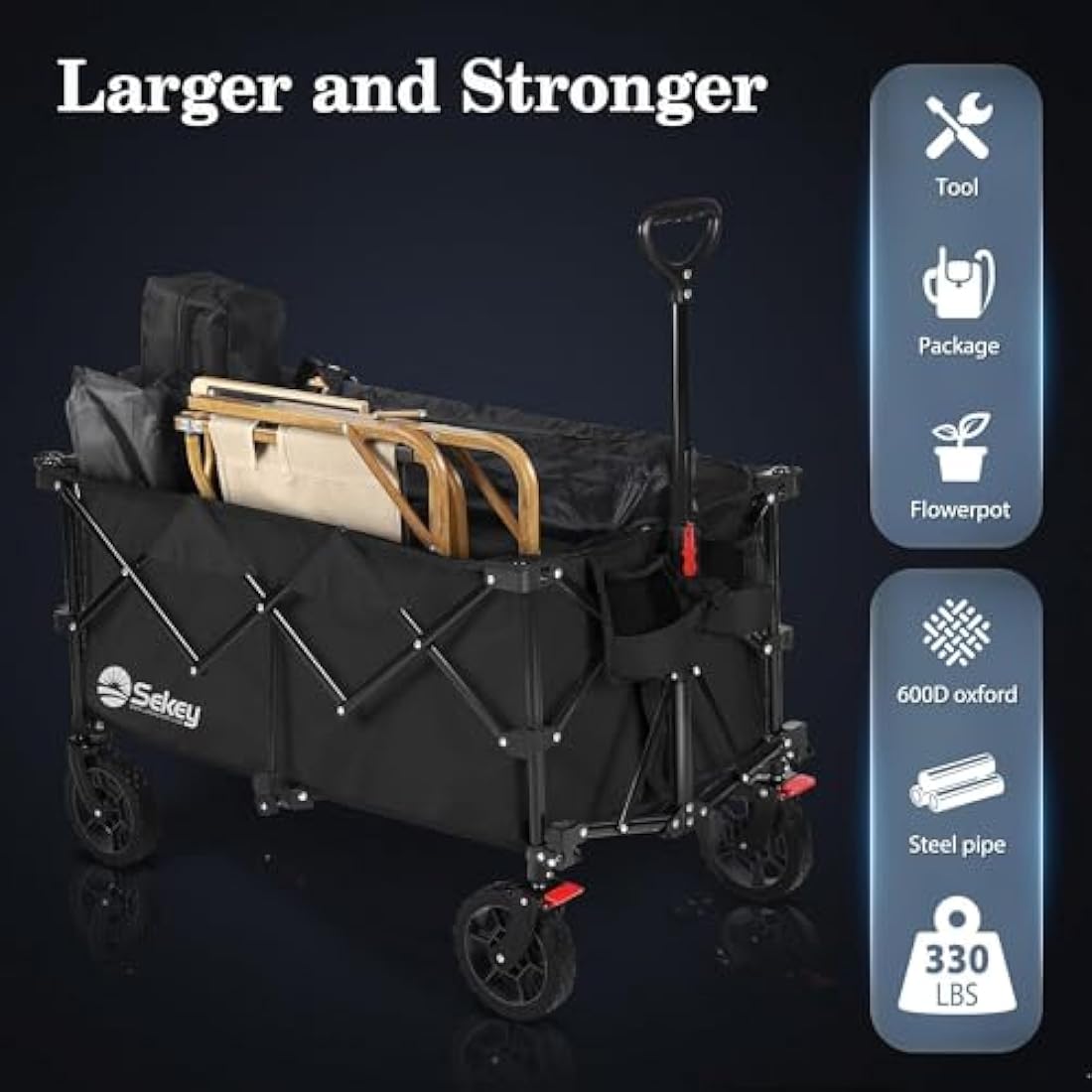 Sekey 200L Folding Festival Trolley with All-Terrain Wheels and Brake, Heavy-Duty Cart Loadable up to 150KG (330LB), Patented Four-Directional Foldable Design, Wagon for Beach Camping Garden, Black Carts & Wagons Default Title Default Title