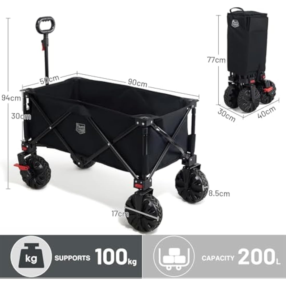 TIMBER RIDGE Festival Trolley on Wheels with Brakes, 200L Folding Camping Beach Trolley with Adjustable Handle & Cover Bag, 100kg Heavy Duty Cart Wagon for Outdoor Garden Picnic Carts & Wagons Default Title Default Title