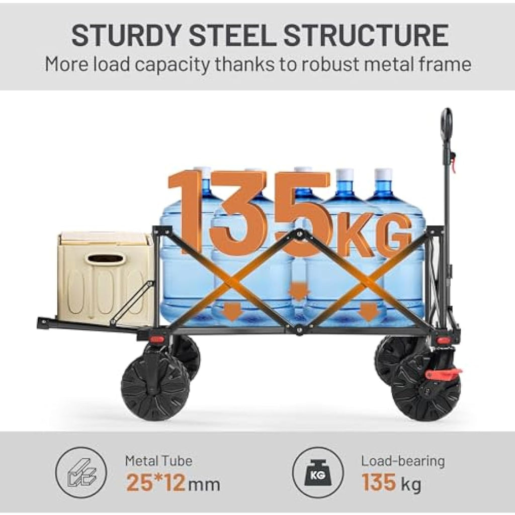 TIMBER RIDGE Festival Trolley 300L with Brakes, Folding Beach Trolley Cart with Tailgate, 135kg Collapsible Wagon Detachable Wide Wheels & Adjustable Handle for Outdoor Camping Garden, Black Carts & Wagons Default Title Default Title