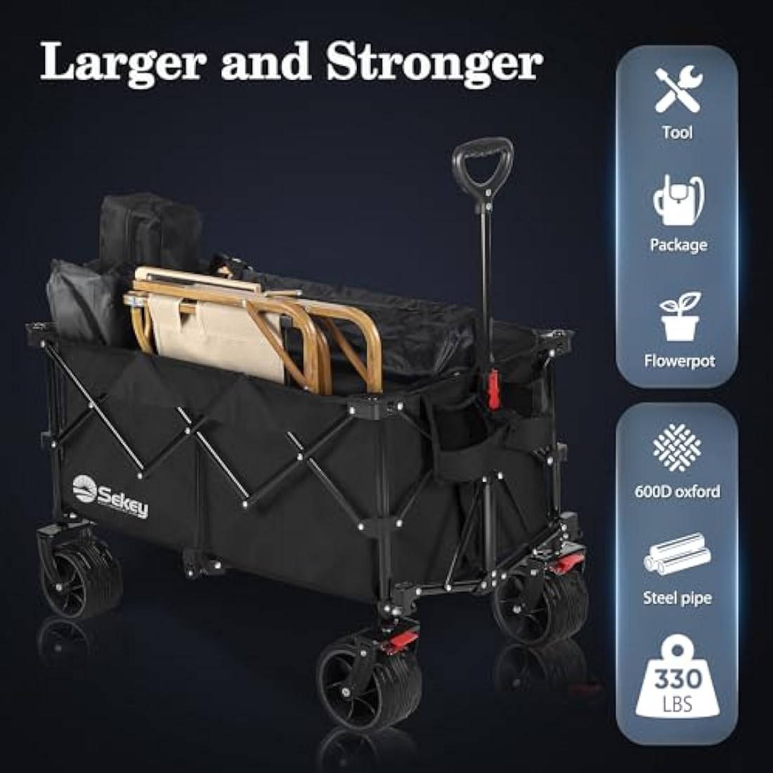 Sekey 200L Folding Festival Trolley with All-Terrain Extra Wide Wheels and Brake, Heavy-Duty Cart Loadable up to 150KG, Patented Four-Directional Foldable Design, Wagon for Beach Camping Garden, Black Carts & Wagons Default Title Default Title