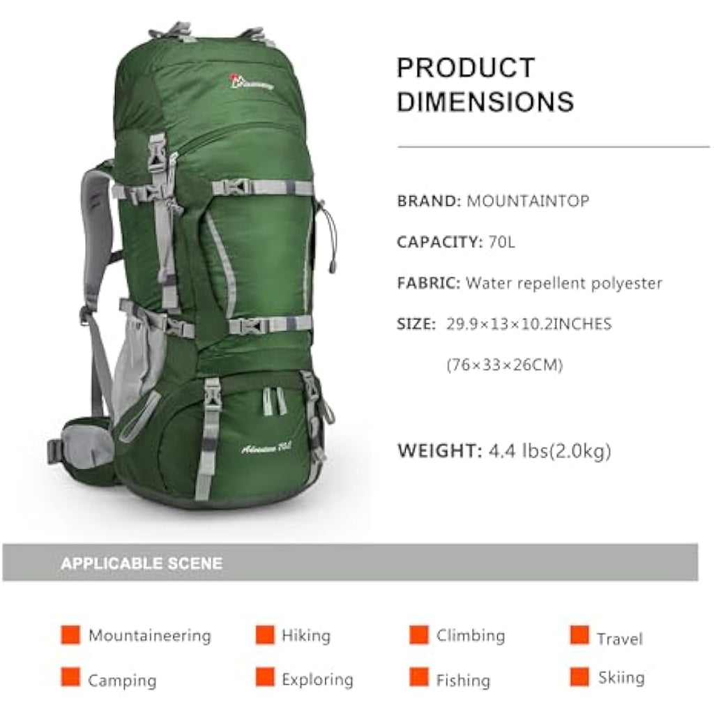 MOUNTAINTOP 70L Hiking Backpack water-resistant Internal Frame Backpacks Large Trekking Mountaineering Rucksack with Rain Cover for Men Women Cover Outdoor External Frame Backpacks Default Title Default Title