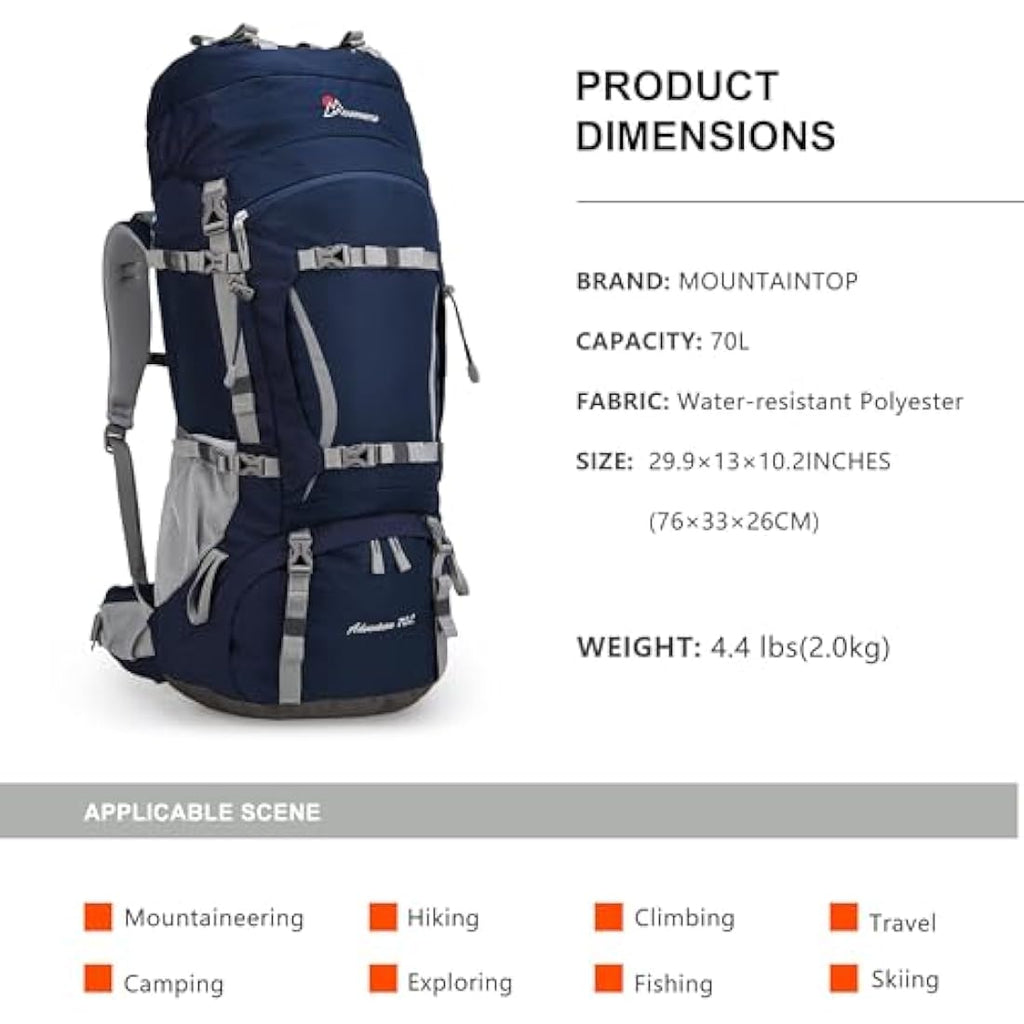 MOUNTAINTOP 70L Hiking Backpack water-resistant Internal Frame Backpacks Large Trekking Mountaineering Rucksack with Rain Cover for Men Women Cover Outdoor External Frame Backpacks Default Title Default Title