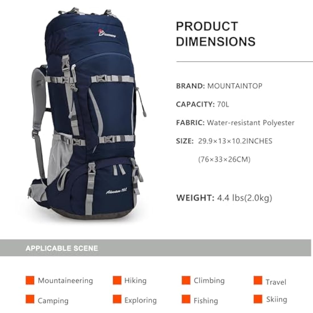MOUNTAINTOP 70L Hiking Backpack water-resistant Internal Frame Backpacks Large Trekking Mountaineering Rucksack with Rain Cover for Men Women Cover Outdoor External Frame Backpacks Default Title Default Title