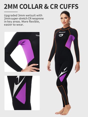 Owntop Women's Full Length 3/2mm Wetsuit, Ultra-Stretch Long Sleeve Winter Wetsuit, Back Zip Adult Neoprene Surfing Diving Wet Suit, Women Purple S Wetsuits Default Title Default Title