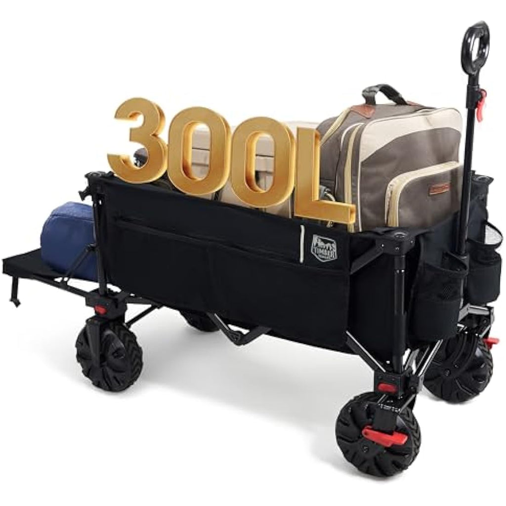 TIMBER RIDGE Festival Trolley 300L with Brakes, Folding Beach Trolley Cart with Tailgate, 135kg Collapsible Wagon Detachable Wide Wheels & Adjustable Handle for Outdoor Camping Garden, Black Carts & Wagons Default Title Default Title