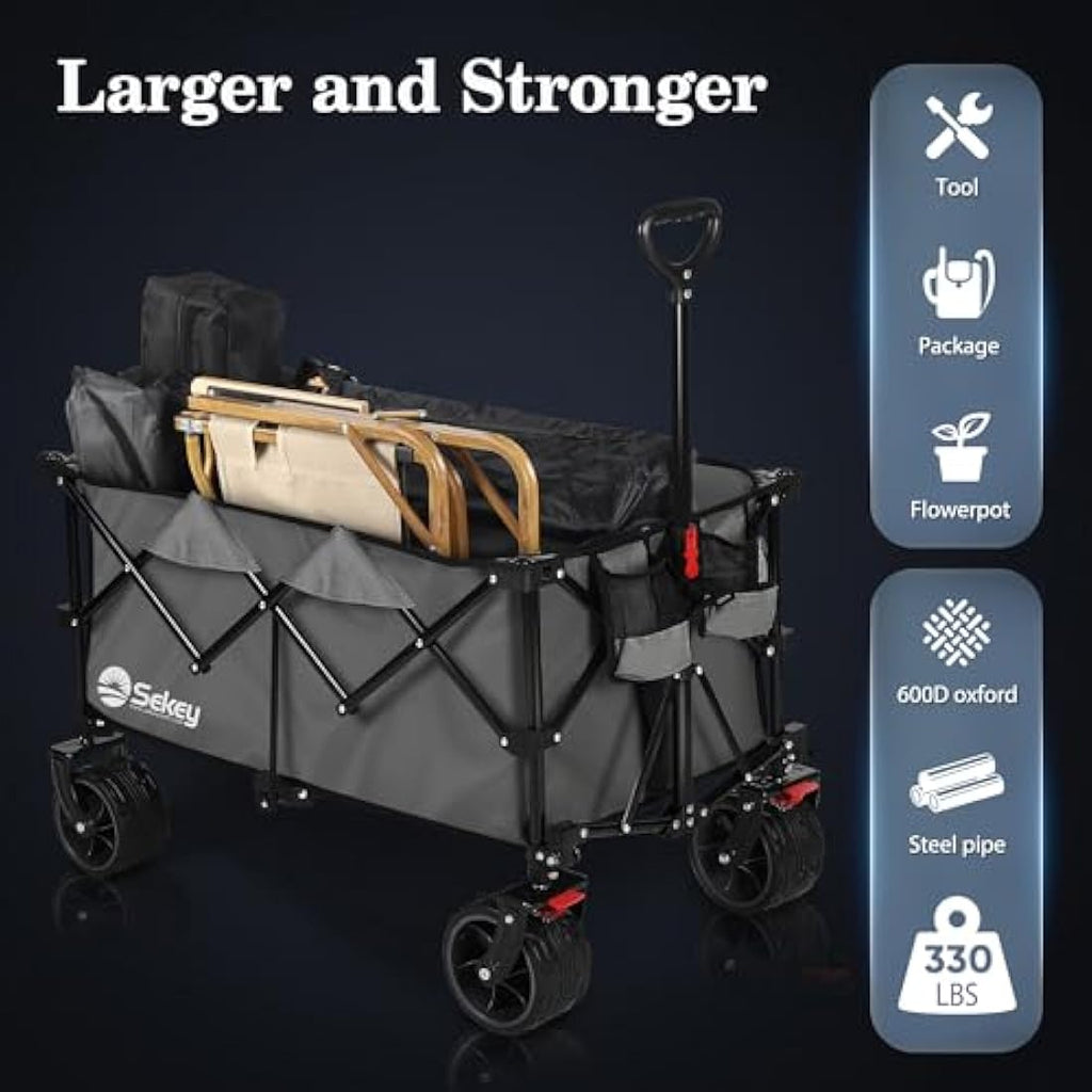 Sekey 200L Folding Festival Trolley with All-Terrain Extra Wide Wheels and Brake, Heavy-Duty Cart Loadable up to 150KG, Patented Four-Directional Foldable Design, Wagon for Beach Camping Outdoor, Grey Carts & Wagons Default Title Default Title
