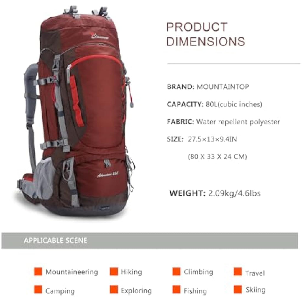 MOUNTAINTOP Hiking Backpack 80L Waterproof Mountaineering Backpack Large Camping Trekking Rucksack Multifunctional Climbing with Rain Cover External Frame Backpacks Default Title Default Title