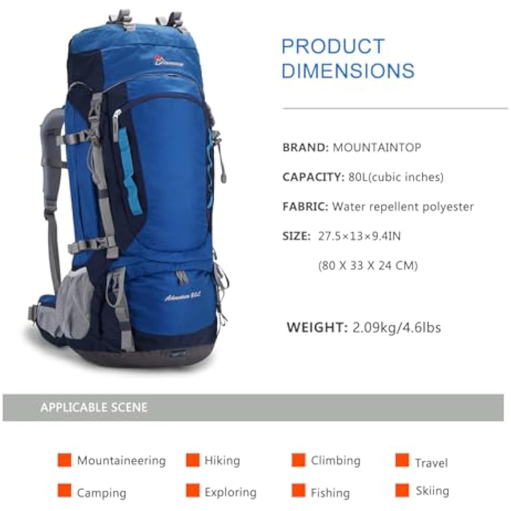 MOUNTAINTOP Hiking Backpack 80L Waterproof Mountaineering Backpack Large Camping Trekking Rucksack Multifunctional Climbing with Rain Cover External Frame Backpacks Default Title Default Title