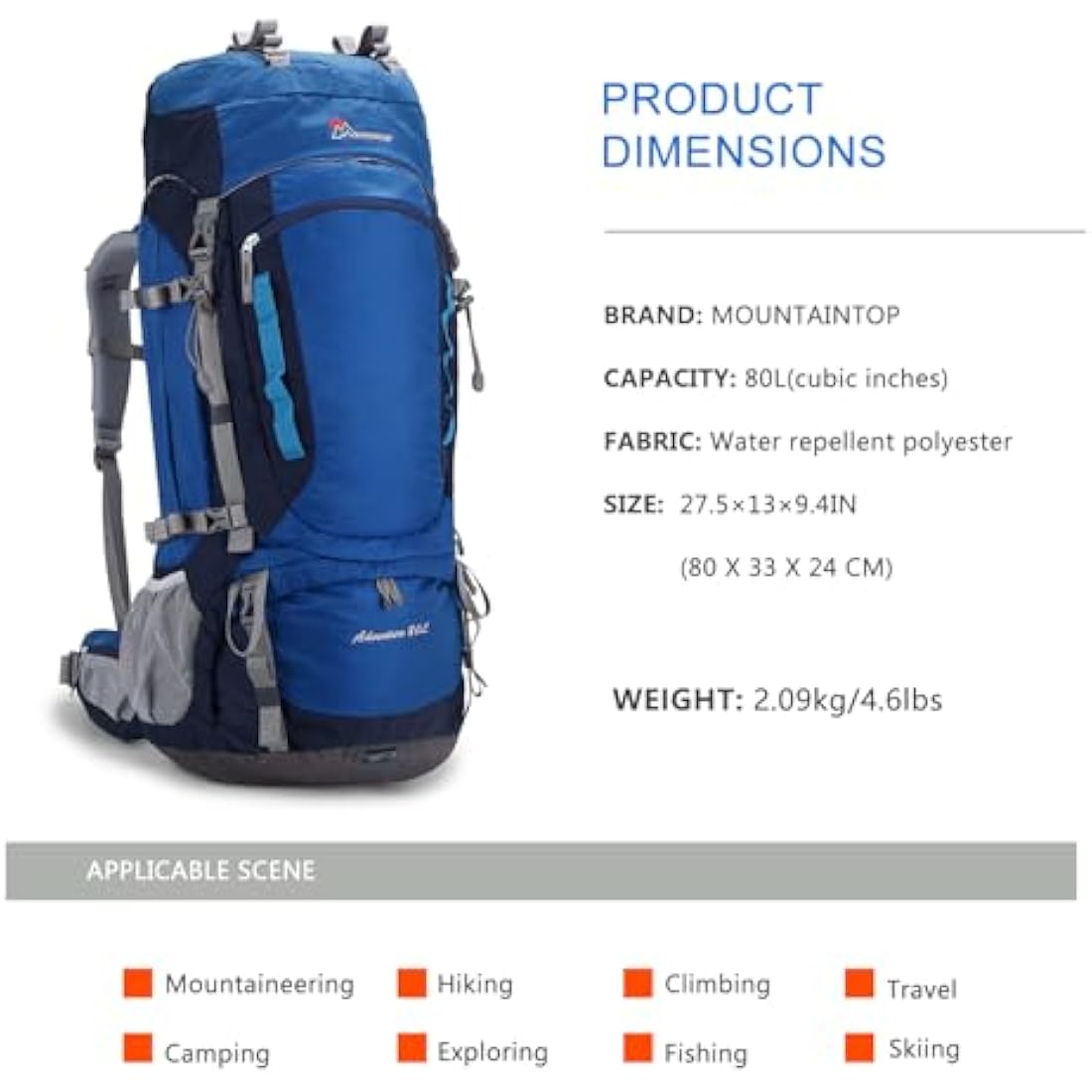 MOUNTAINTOP Hiking Backpack 80L Waterproof Mountaineering Backpack Large Camping Trekking Rucksack Multifunctional Climbing with Rain Cover External Frame Backpacks Default Title Default Title