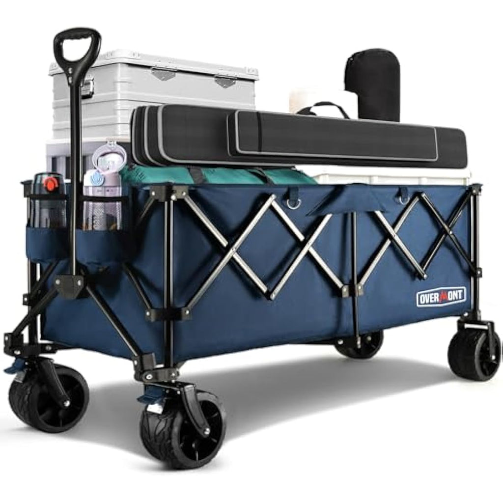 Overmont 300L Extra Large Folding Festival Trolley Cart - All-terrain Wide Wheels and Brake - Heavy Duty Cart Load up 200KG - with Adjustable Handle & Cover Bag - Wagon for Beach Camping Garden blue Carts & Wagons Default Title Default Title