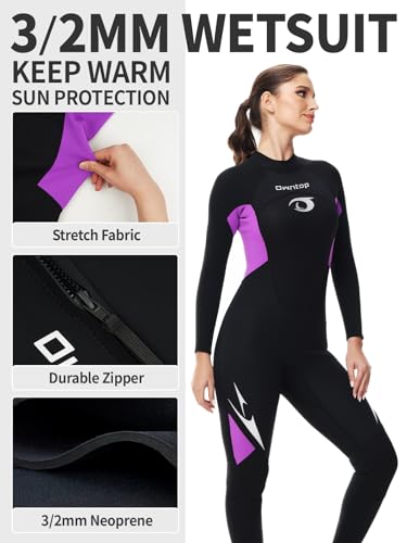 Owntop Women's Full Length 3/2mm Wetsuit, Ultra-Stretch Long Sleeve Winter Wetsuit, Back Zip Adult Neoprene Surfing Diving Wet Suit, Women Purple S Wetsuits Default Title Default Title