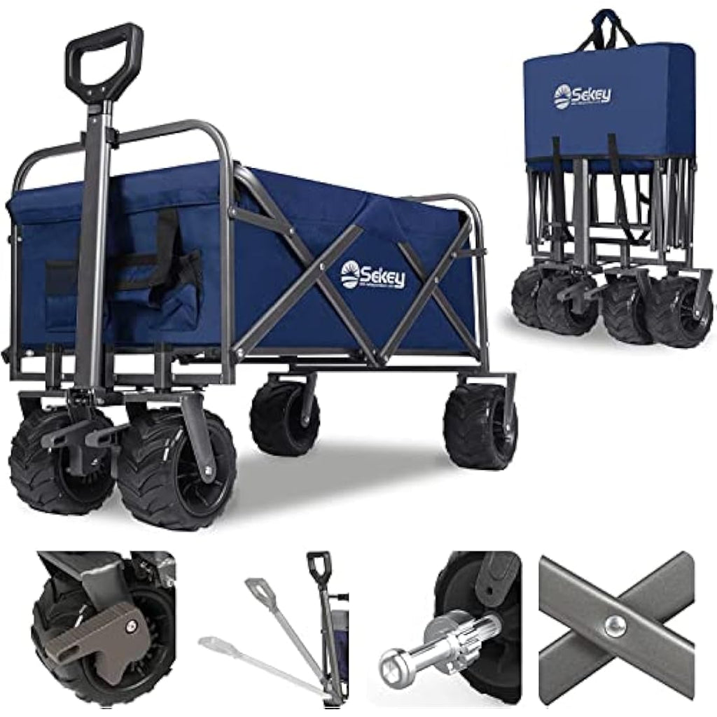 Sekey Folding Festival Trolley with Wide All-Terrain Wheels, 440LB Large Load Capacity, Heavy-Duty Camping Wagon with Brake, Sturdy Beach Garden Cart, Adjustable Handles & Drink Holders, Blue Carts & Wagons Default Title Default Title