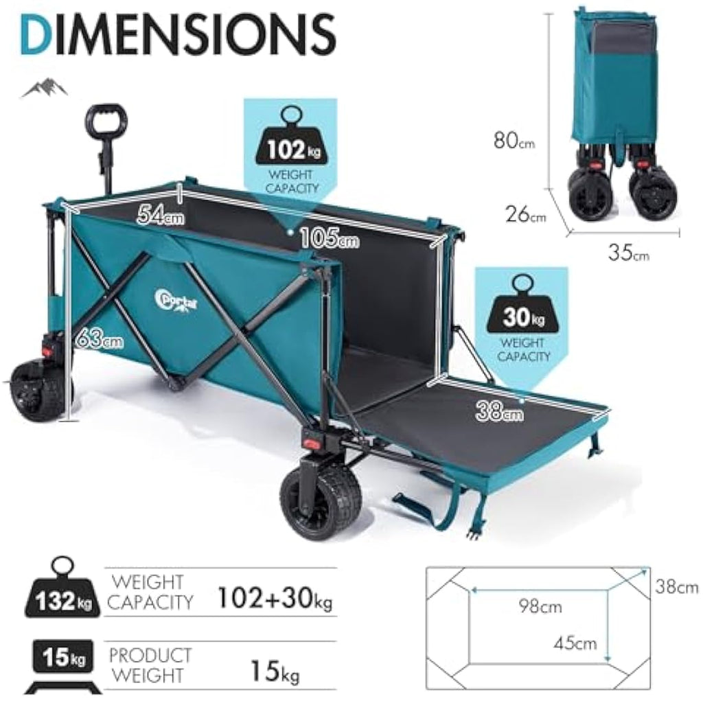 Portal Festival Trolley with Adjustable Tailgate Brakes 300L Beach Trolley for Sand with Big Wheels Camping Cart Heavy Duty Folding Wagon Collapsible Trailer Buggy for Garden Event Carts & Wagons Default Title Default Title