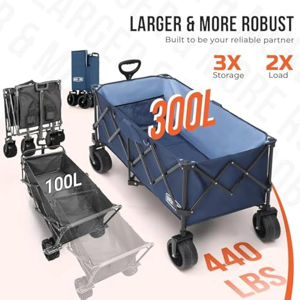 Overmont 300L Extra Large Folding Festival Trolley Cart - All-terrain Wide Wheels and Brake - Heavy Duty Cart Load up 200KG - with Adjustable Handle & Cover Bag - Wagon for Beach Camping Garden blue Carts & Wagons Default Title Default Title