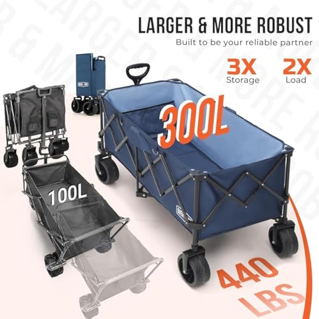 Overmont 300L Extra Large Folding Festival Trolley Cart - All-terrain Wide Wheels and Brake - Heavy Duty Cart Load up 200KG - with Adjustable Handle & Cover Bag - Wagon for Beach Camping Garden blue Carts & Wagons Default Title Default Title