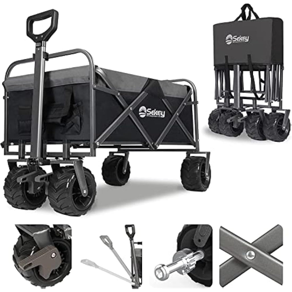 Sekey Folding Festival Trolley with Wide All-Terrain Wheels, 440LB Large Load Capacity, Heavy-Duty Camping Wagon with Brake, Sturdy Beach Garden Cart, Adjustable Handles & Drink Holders, Black & Grey Carts & Wagons Default Title Default Title