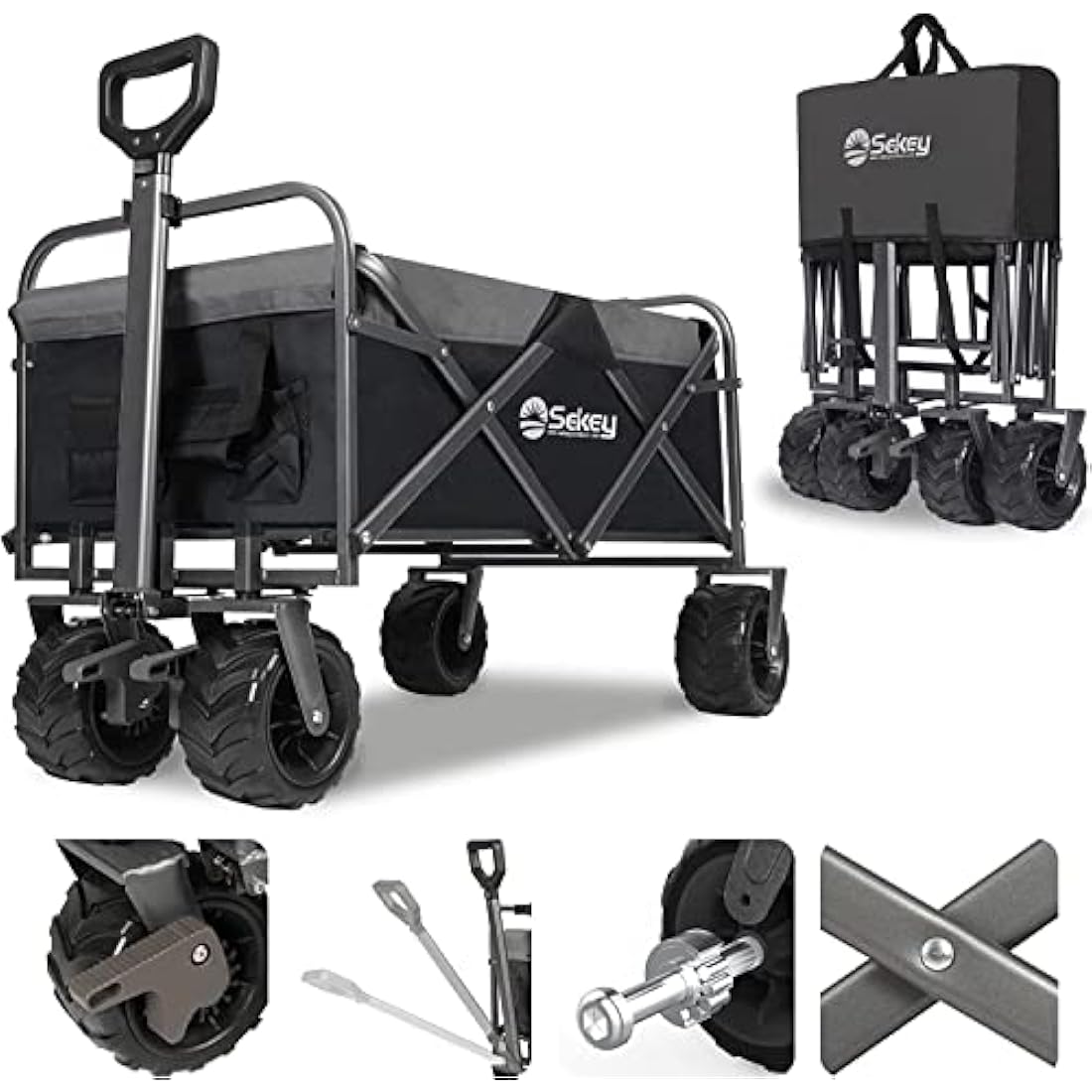 Sekey Folding Festival Trolley with Wide All-Terrain Wheels, 440LB Large Load Capacity, Heavy-Duty Camping Wagon with Brake, Sturdy Beach Garden Cart, Adjustable Handles & Drink Holders, Black & Grey Carts & Wagons Default Title Default Title