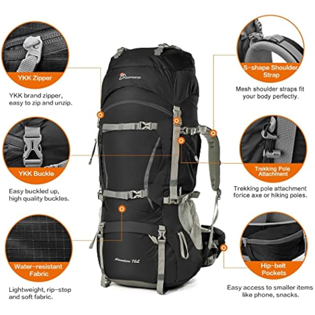 MOUNTAINTOP 70L Hiking Backpack water-resistant Internal Frame Backpacks Large Trekking Mountaineering Rucksack with Rain Cover for Men Women Cover Outdoor External Frame Backpacks Default Title Default Title