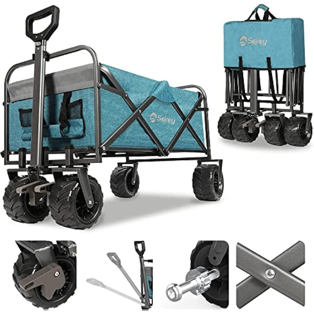Sekey Folding Festival Trolley with Wide All-Terrain Wheels, 440LB Large Load Capacity, Heavy-Duty Camping Wagon with Brake, Sturdy Beach Garden Cart, Adjustable Handles & Drink Holders, Light Blue Carts & Wagons Default Title Default Title