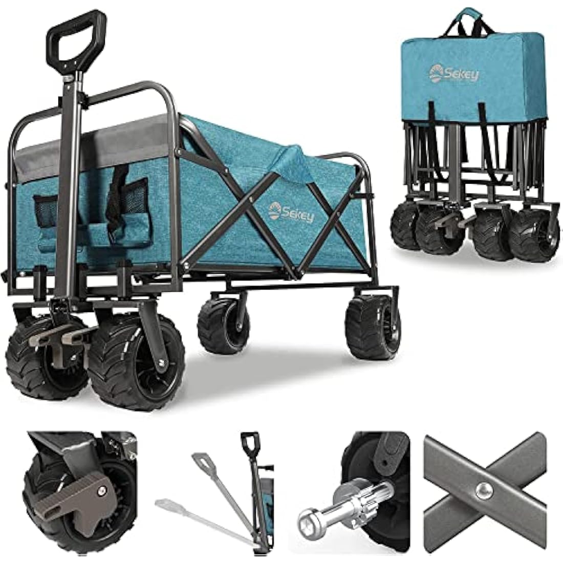 Sekey Folding Festival Trolley with Wide All-Terrain Wheels, 440LB Large Load Capacity, Heavy-Duty Camping Wagon with Brake, Sturdy Beach Garden Cart, Adjustable Handles & Drink Holders, Light Blue Carts & Wagons Default Title Default Title