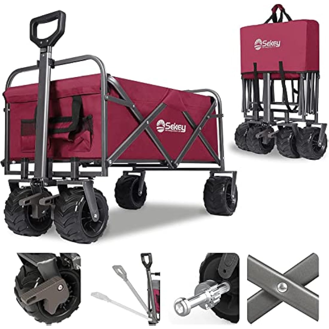 Sekey Folding Festival Trolley with Wide All-Terrain Wheels, 440LB Large Load Capacity, Heavy-Duty Camping Wagon with Brake, Sturdy Beach Garden Cart, Adjustable Handles & Drink Holders, Red Carts & Wagons Default Title Default Title