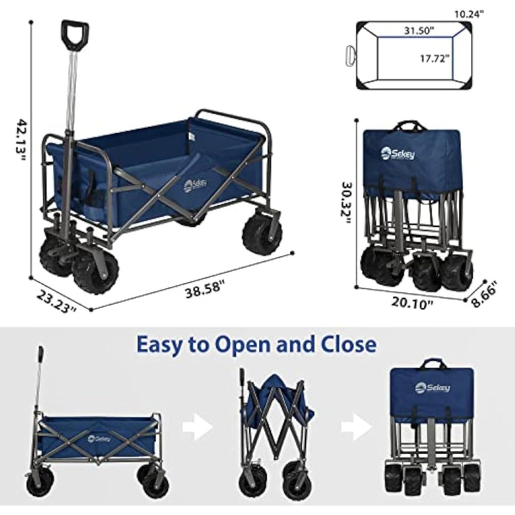 Sekey Folding Festival Trolley with Wide All-Terrain Wheels, 440LB Large Load Capacity, Heavy-Duty Camping Wagon with Brake, Sturdy Beach Garden Cart, Adjustable Handles & Drink Holders, Blue Carts & Wagons Default Title Default Title