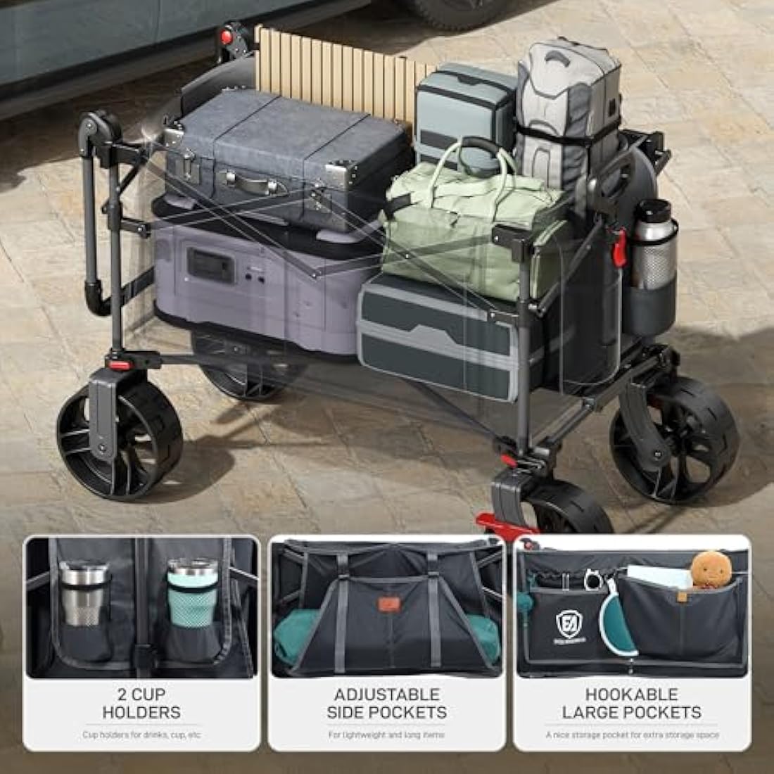EVER ADVANCED 225L Festival Trolley on Wheels with Removable Canopy, 150KG Heavy Duty Camping Trolley, Push & Pull Beach Cart with 3 Large Pockets, Garden Folding wagon Fishing Grey Carts & Wagons Default Title Default Title