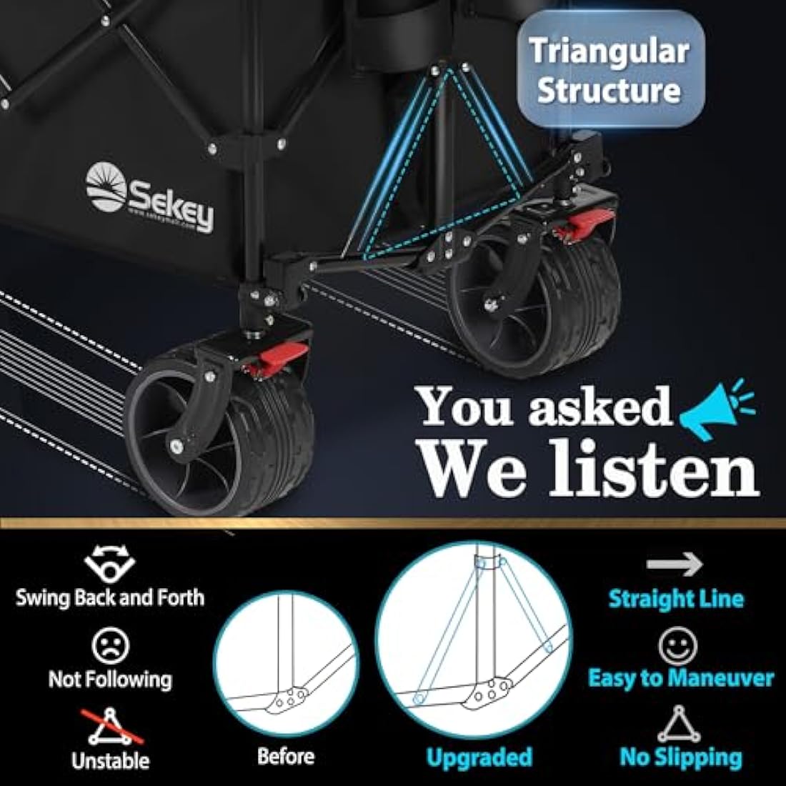 Sekey 200L Folding Festival Trolley with All-Terrain Extra Wide Wheels and Brake, Heavy-Duty Cart Loadable up to 150KG, Patented Four-Directional Foldable Design, Wagon for Beach Camping Garden, Black Carts & Wagons Default Title Default Title