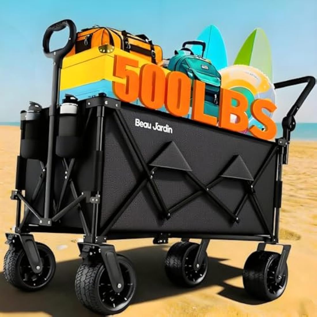BEAU JARDIN XXL Festival Trolley Beach Cart - 220L 230KG(500LBS) Heavy Duty Folding Wagon All-Terrain Utility Wide Wheels for Camping & Shopping | Push & Pull Handle | Portable Collapsible | Black Carts & Wagons Default Title Default Title