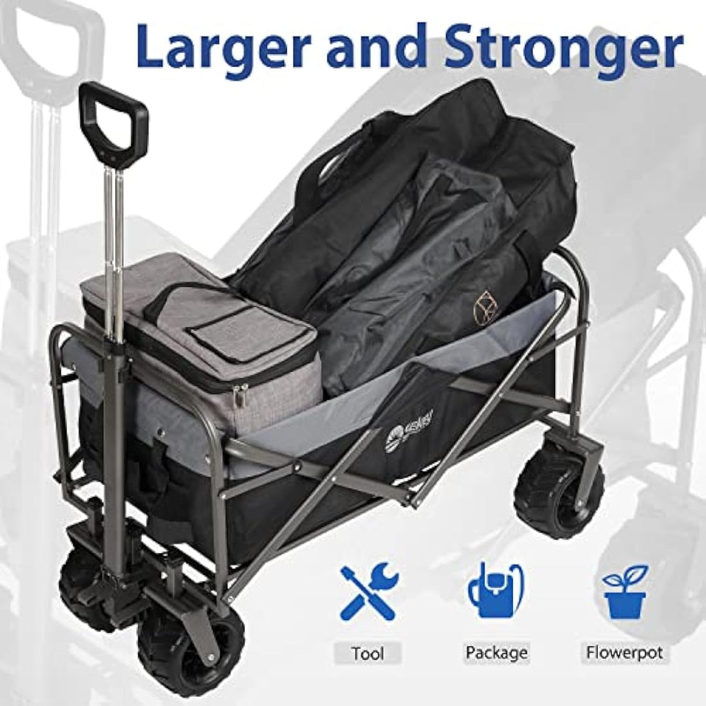 Sekey Folding Festival Trolley with Wide All-Terrain Wheels, 440LB Large Load Capacity, Heavy-Duty Camping Wagon with Brake, Sturdy Beach Garden Cart, Adjustable Handles & Drink Holders, Black & Grey Carts & Wagons Default Title Default Title