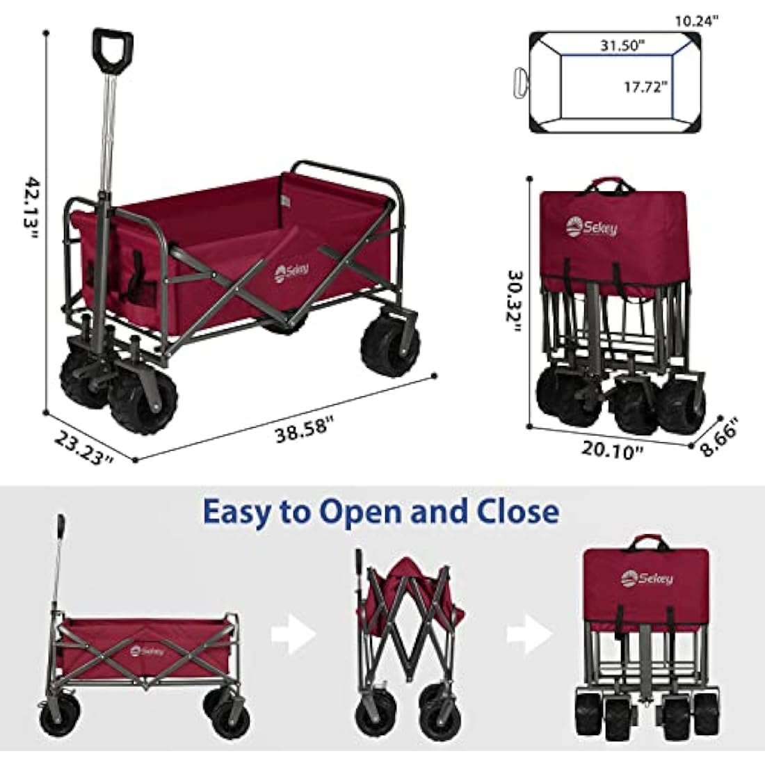Sekey Folding Festival Trolley with Wide All-Terrain Wheels, 440LB Large Load Capacity, Heavy-Duty Camping Wagon with Brake, Sturdy Beach Garden Cart, Adjustable Handles & Drink Holders, Red Carts & Wagons Default Title Default Title