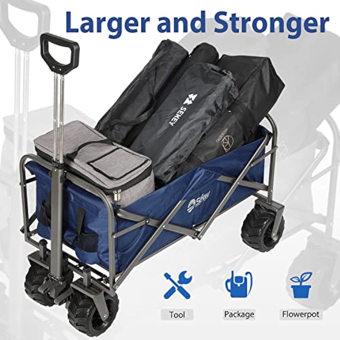 Sekey Folding Festival Trolley with Wide All-Terrain Wheels, 440LB Large Load Capacity, Heavy-Duty Camping Wagon with Brake, Sturdy Beach Garden Cart, Adjustable Handles & Drink Holders, Blue Carts & Wagons Default Title Default Title