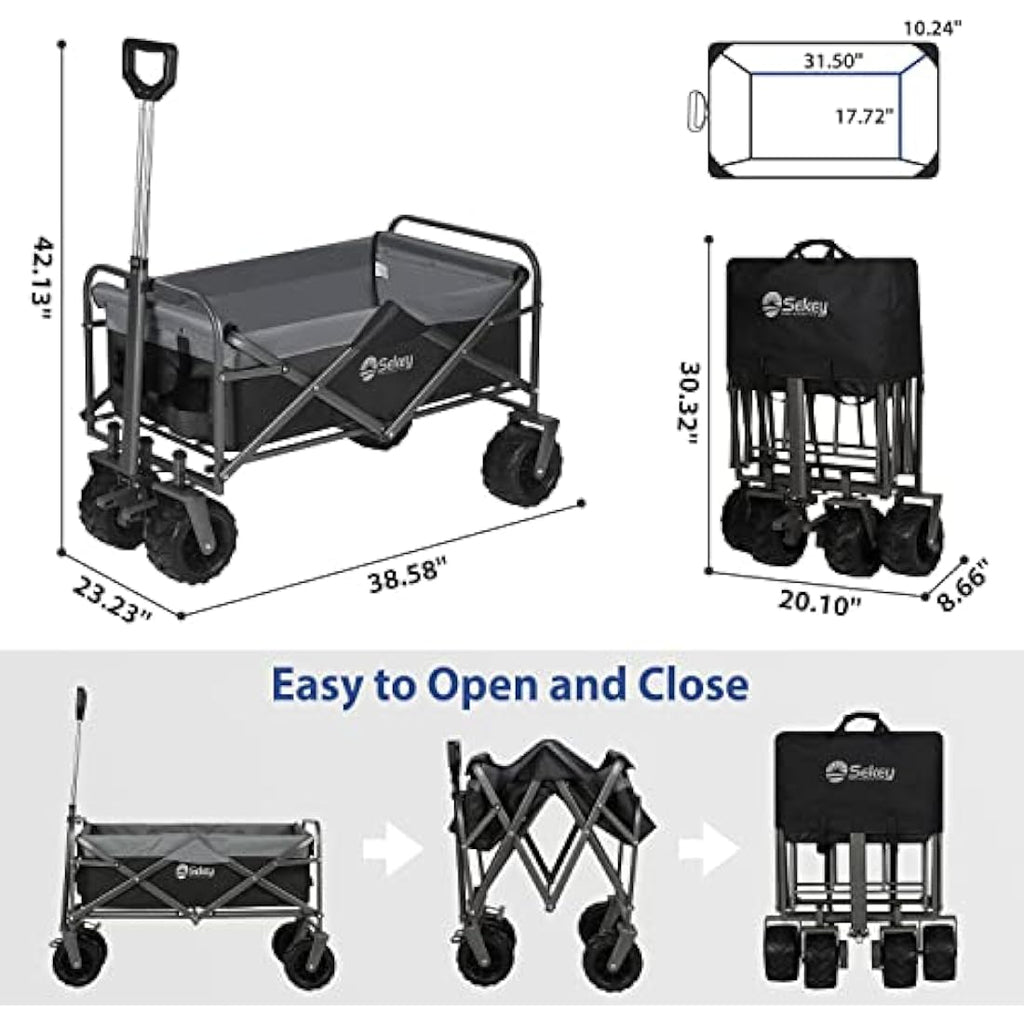 Sekey Folding Festival Trolley with Wide All-Terrain Wheels, 440LB Large Load Capacity, Heavy-Duty Camping Wagon with Brake, Sturdy Beach Garden Cart, Adjustable Handles & Drink Holders, Black & Grey Carts & Wagons Default Title Default Title