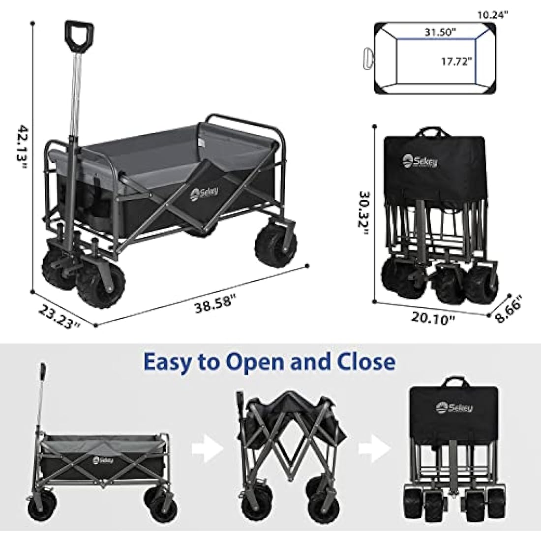 Sekey Folding Festival Trolley with Wide All-Terrain Wheels, 440LB Large Load Capacity, Heavy-Duty Camping Wagon with Brake, Sturdy Beach Garden Cart, Adjustable Handles & Drink Holders, Black & Grey Carts & Wagons Default Title Default Title