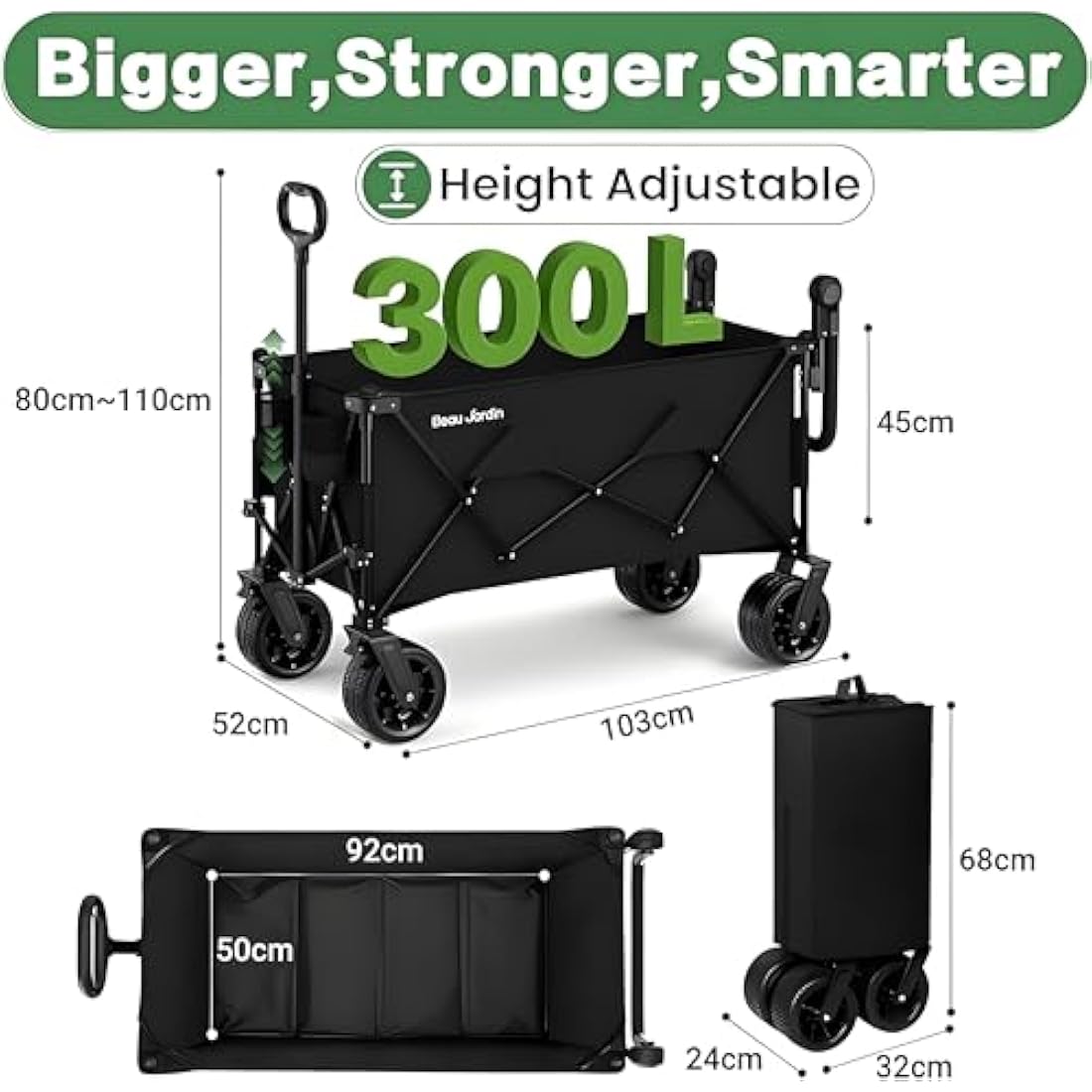 BEAU JARDIN XXL Festival Trolley Beach Cart - 220L 230KG(500LBS) Heavy Duty Folding Wagon All-Terrain Utility Wide Wheels for Camping & Shopping | Push & Pull Handle | Portable Collapsible | Black Carts & Wagons Default Title Default Title