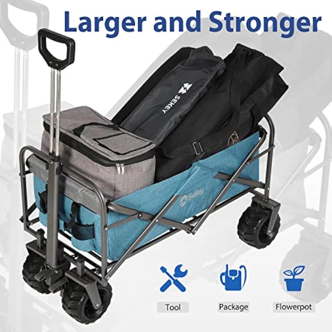 Sekey Folding Festival Trolley with Wide All-Terrain Wheels, 440LB Large Load Capacity, Heavy-Duty Camping Wagon with Brake, Sturdy Beach Garden Cart, Adjustable Handles & Drink Holders, Light Blue Carts & Wagons Default Title Default Title