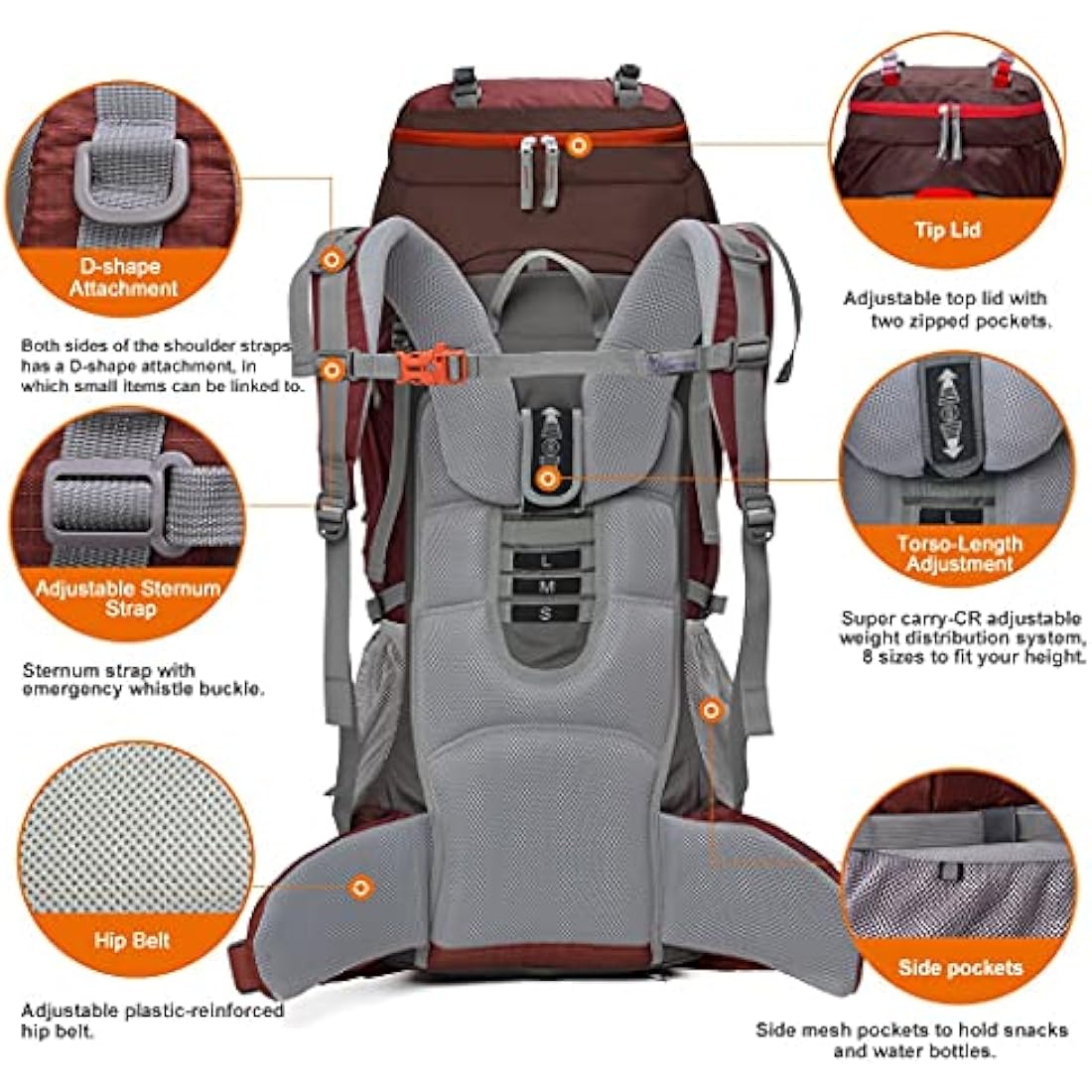 MOUNTAINTOP 70L Hiking Backpack water-resistant Internal Frame Backpacks Large Trekking Mountaineering Rucksack with Rain Cover for Men Women Cover Outdoor External Frame Backpacks Default Title Default Title