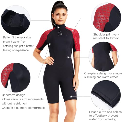 Wetsuit Womens Back Zipper Short Wetsuit Men 3mm Neoprene Short Sleeve Wetsuit for Surfing Swimming Kayaking Snorkeling Canoeing Scuba Diving (Red) Wetsuits Default Title Default Title