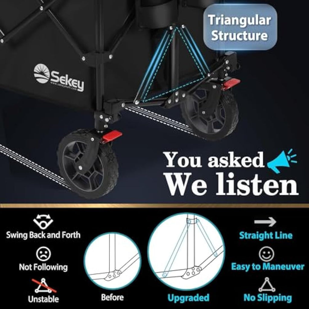 Sekey 200L Folding Festival Trolley with All-Terrain Wheels and Brake, Heavy-Duty Cart Loadable up to 150KG (330LB), Patented Four-Directional Foldable Design, Wagon for Beach Camping Garden, Black Carts & Wagons Default Title Default Title