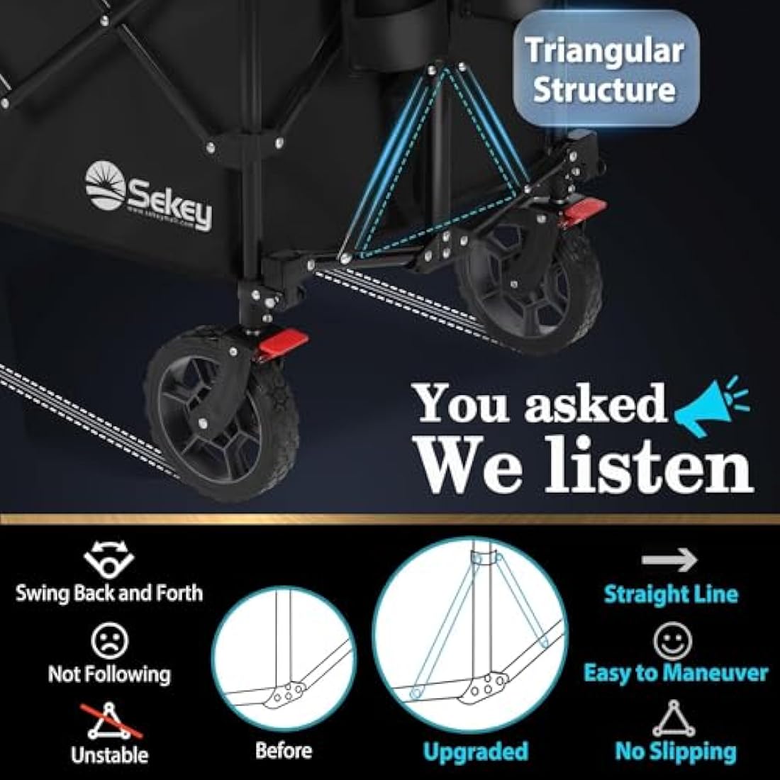 Sekey 200L Folding Festival Trolley with All-Terrain Wheels and Brake, Heavy-Duty Cart Loadable up to 150KG (330LB), Patented Four-Directional Foldable Design, Wagon for Beach Camping Garden, Black Carts & Wagons Default Title Default Title
