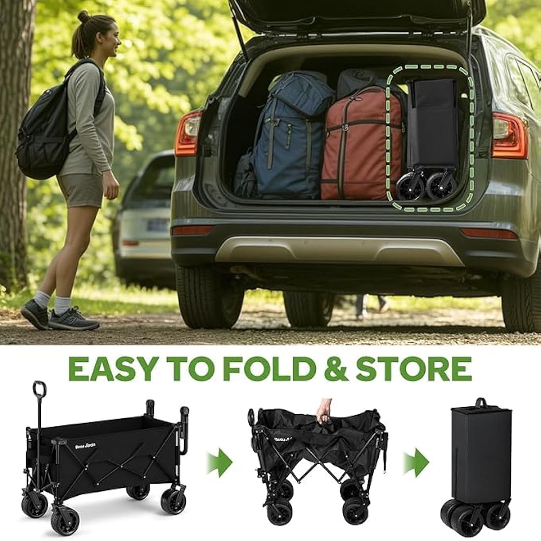 BEAU JARDIN XXL Festival Trolley Beach Cart - 220L 230KG(500LBS) Heavy Duty Folding Wagon All-Terrain Utility Wide Wheels for Camping & Shopping | Push & Pull Handle | Portable Collapsible | Black Carts & Wagons Default Title Default Title