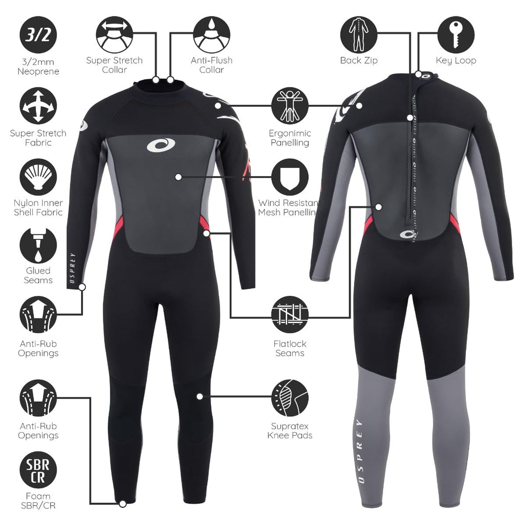 Osprey Men's Full Length 3 mm Summer Wetsuit, Adult Neoprene Surfing Diving Wetsuit, Origin, Red, L Wetsuits Default Title Default Title