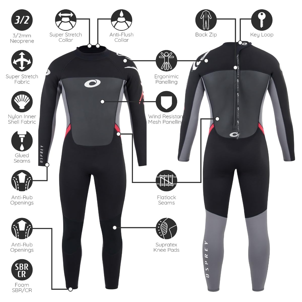 Osprey Men's Full Length 3 mm Summer Wetsuit, Adult Neoprene Surfing Diving Wetsuit, Origin, Red, L Wetsuits Default Title Default Title