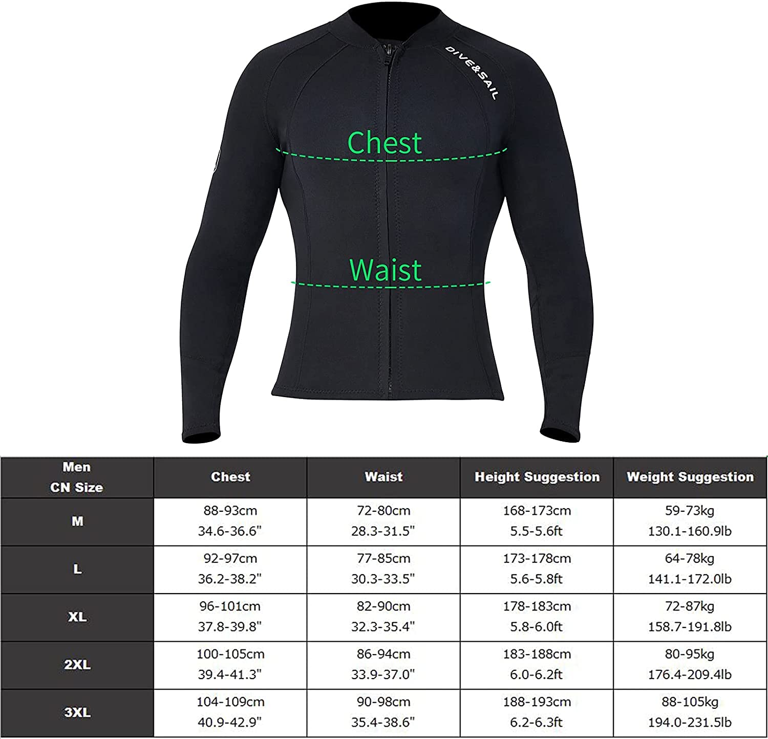 EUPTE 2mm Wetsuits Women/Men Long Sleeve Jacket UPF50+ UV Protection Diving Skin Suit Top for Scuba Diving Snorkeling Surfing Swimming (men, 3XL) Wetsuit Tops Default Title Default Title