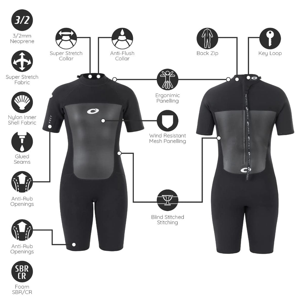 Osprey Women's Shorty 3 mm Summer Wetsuit, Adult Short Sleeve Neoprene Surfing Diving Wetsuit, Origin, Multiple Colours, S Wetsuits Default Title Default Title