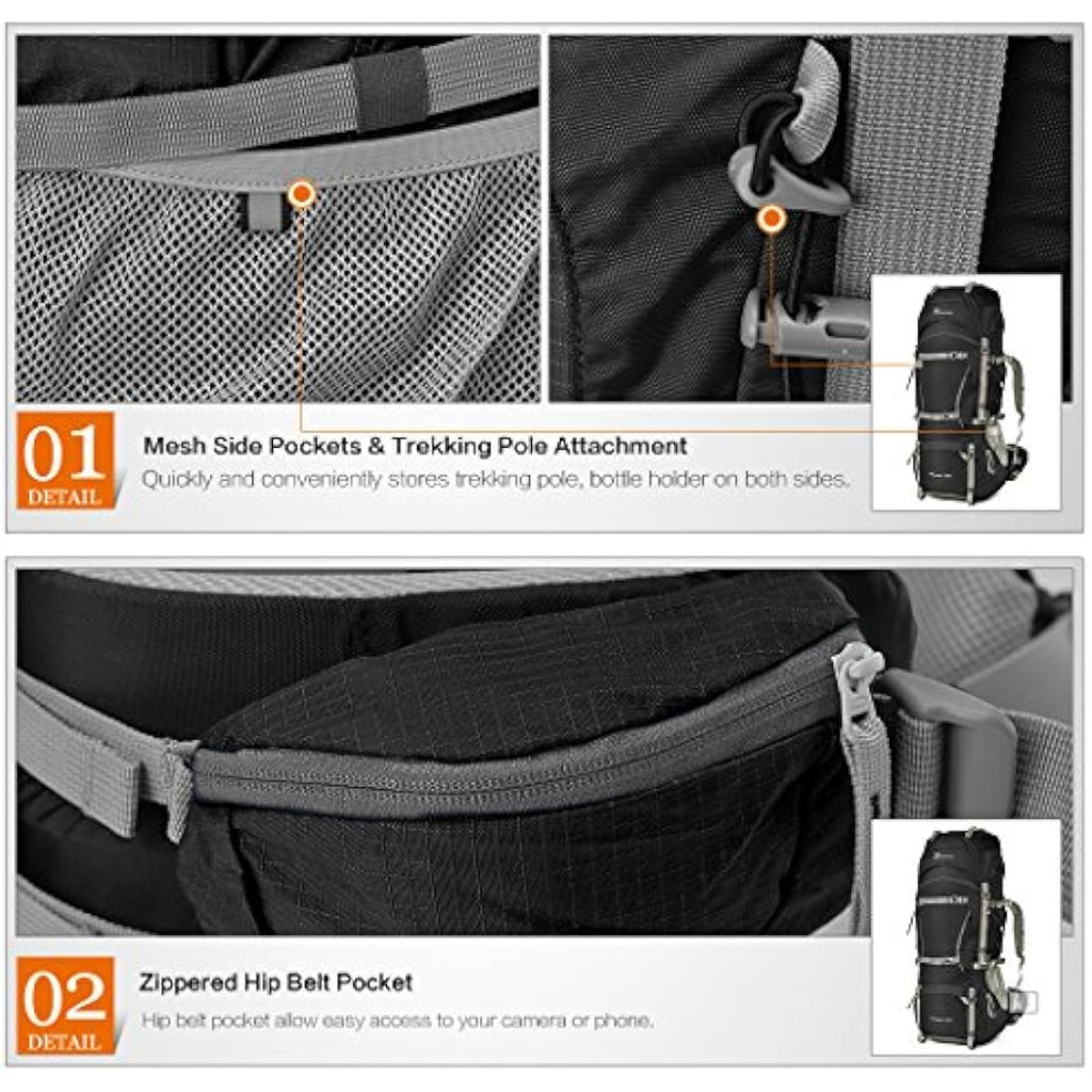 MOUNTAINTOP 70L Hiking Backpack water-resistant Internal Frame Backpacks Large Trekking Mountaineering Rucksack with Rain Cover for Men Women Cover Outdoor External Frame Backpacks Default Title Default Title