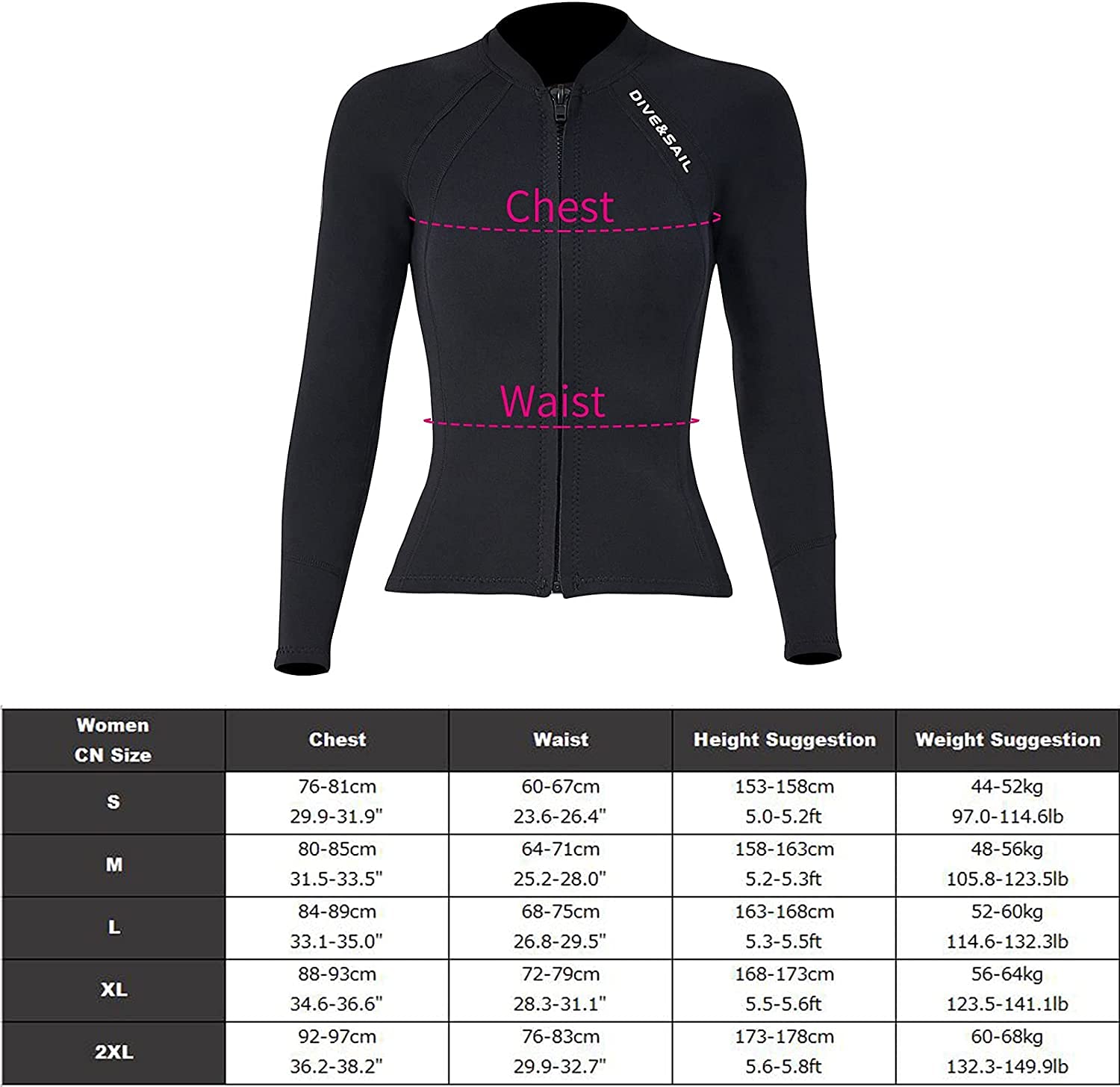 EUPTE 2mm Wetsuits Women/Men Long Sleeve Jacket UPF50+ UV Protection Diving Skin Suit Top for Scuba Diving Snorkeling Surfing Swimming (women, M)